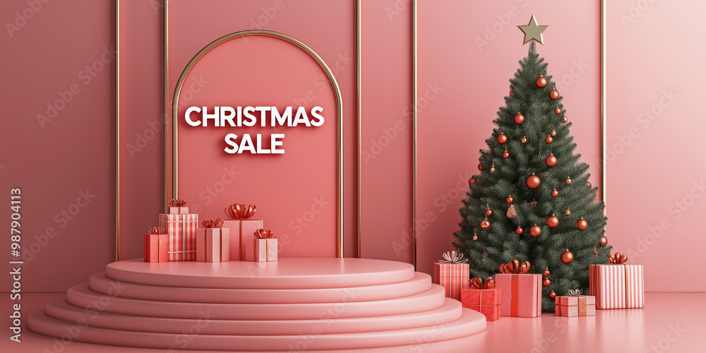 Festive 3D podium with gifts and a decorated Christmas tree promoting holiday sales and discounts in a cheerful setting Festive 3D podium with gifts and a decorated Christmas tree promoting holiday sales and discounts in a cheerful setting