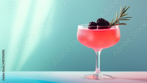 Elegant rendering of a refreshing cocktail with blackberry garnish in a stylish glass against a soft cyan background