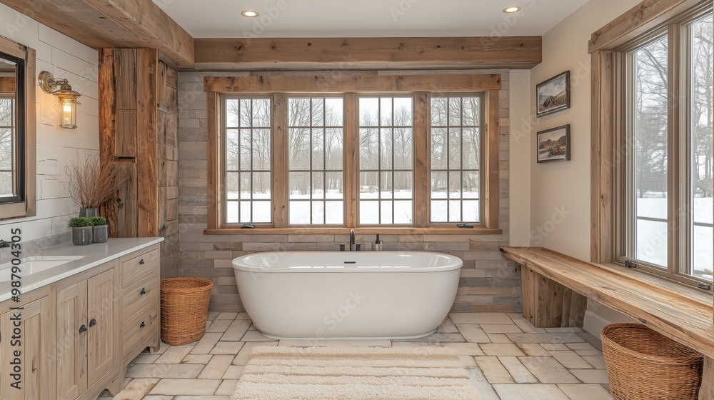 A large bathroom with a fireplace. The room is decorated with plants and has a cozy, warm atmosphere. A large bathroom with a fireplace. The room is decorated with plants and has a cozy, warm atmosphere.