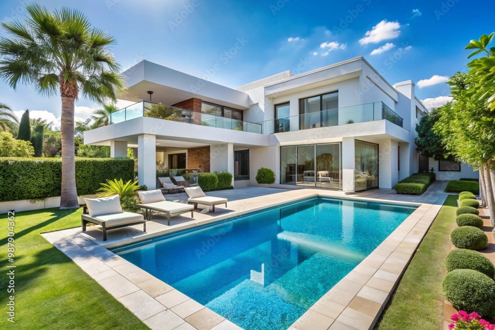 Fototapeta premium Luxurious Modern House Exterior with Minimalist Design and Large Outdoor Entertainment Area