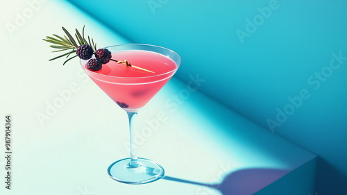 Vibrant minimalist cocktail with blackberry garnish in a martini glass against bright cyan background
