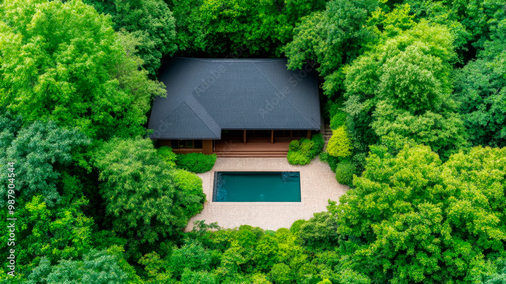 Secluded luxury home surrounded by lush forest, ideal for real estate listings, privacy-focused living, or nature-integrated architecture features. Secluded luxury home surrounded by lush forest, ideal for real estate listings, privacy-focused living, or nature-integrated architecture features.