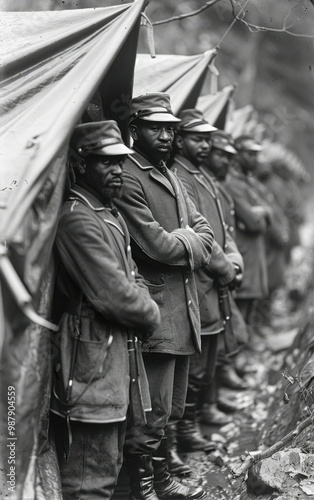 A group of men stand in a line, some of them wearing military uniforms. They are all looking at something in the distance photo