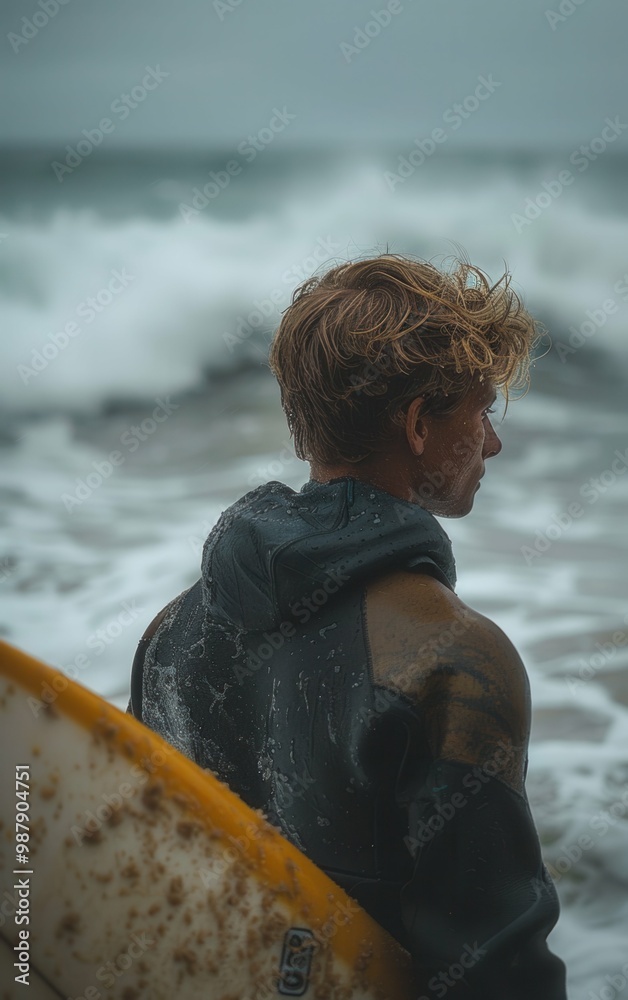 Fototapeta premium A man is standing on the beach with a surfboard in his hand. He is wearing a black jacket and he is wet. Scene is relaxed and casual, as the man is enjoying his time at the beach