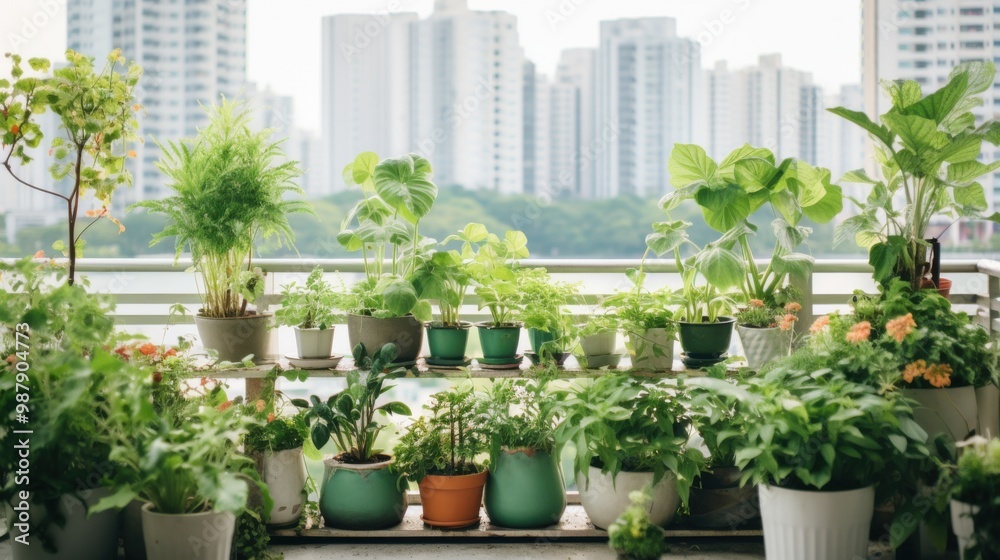 A lush balcony garden teems with various green plants in colorful pots, contrasting against a city skyscraper backdrop on a clear day. A lush balcony garden teems with various green plants in colorful pots, contrasting against a city skyscraper backdrop on a clear day.