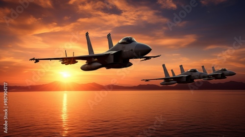 Fighter jets soar in tight formation over a serene sea at sunset, their silhouettes sharply defined by the glowing sky, embodying power and precision.