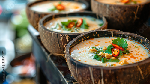 Coconut shell bowls holding Thai tom kha gai. Floating market background. with space for text  photo