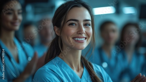 A smiling doctor, surrounded by colleagues in scrubs and lab coats, emits professionalism and warmth in a healthcare setting.