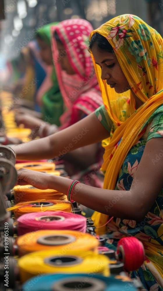 Obraz premium A woman is working on a machine that is making yarn. The yarn is in different colors and the woman is wearing a yellow scarf