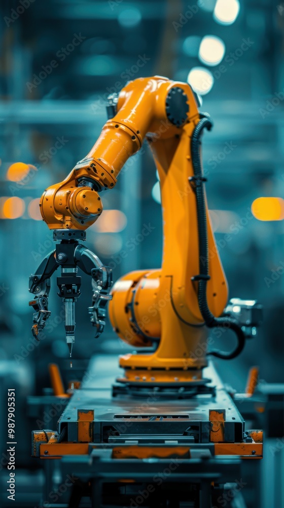 A robot is holding a tool in its claw. The robot is orange and is in a factory setting A robot is holding a tool in its claw. The robot is orange and is in a factory setting