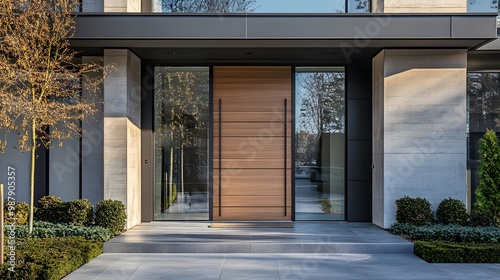 Modern entrance, simple wooden front door, simple white house facade with brown natural wood door photo