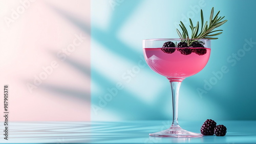 Clean and elegant cocktail image with blackberry and rosemary garnish in a coupe glass against a turquoise background