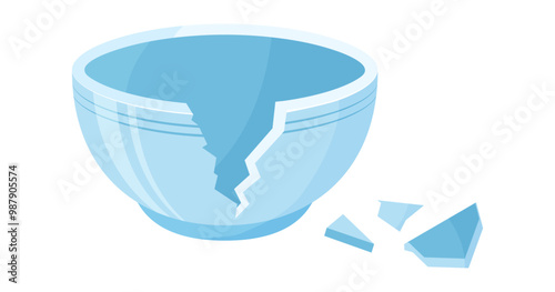 Ceramic broken bowl, empty clay plate crack, cartoon dish shattered. Porcelain jar break to pieces. Blue pot cracked. Tableware vector illustration isolated on white background