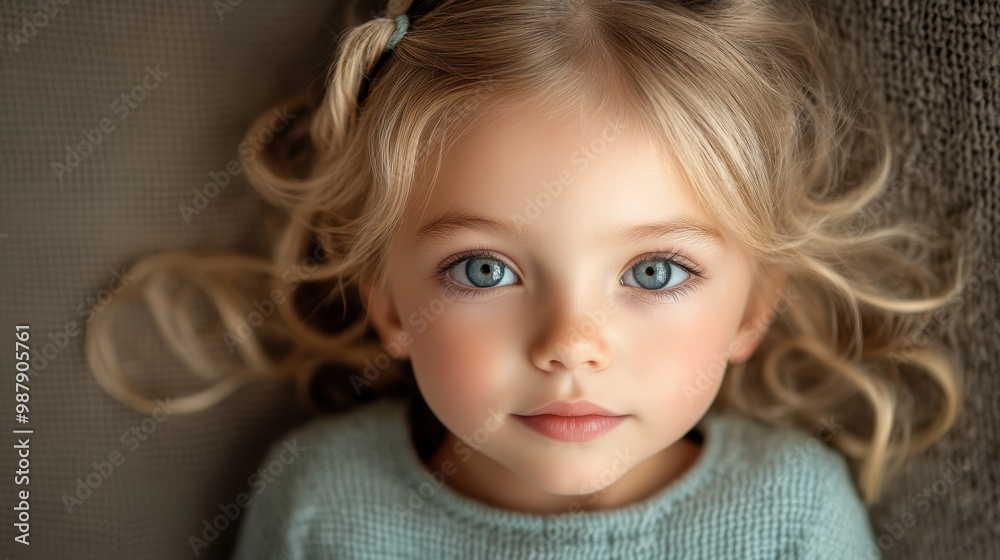A young girl with blonde hair and blue eyes is laying on a couch. She has a green sweater on and her hair is in pigtails A young girl with blonde hair and blue eyes is laying on a couch. She has a green sweater on and her hair is in pigtails