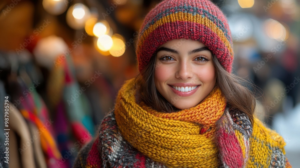A woman wearing a red, yellow, and gray knit hat and scarf is smiling. She looks happy and content A woman wearing a red, yellow, and gray knit hat and scarf is smiling. She looks happy and content