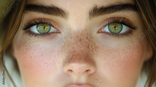 A woman with green eyes and green eyebrows. She has a greenish tint to her skin