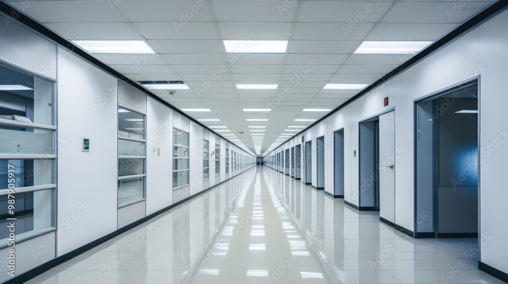 A pristine, empty hallway in an office setting, featuring polished floors, fluorescent lighting, and an array of doors, suggesting a quiet and professional atmosphere. A pristine, empty hallway in an office setting, featuring polished floors, fluorescent lighting, and an array of doors, suggesting a quiet and professional atmosphere.
