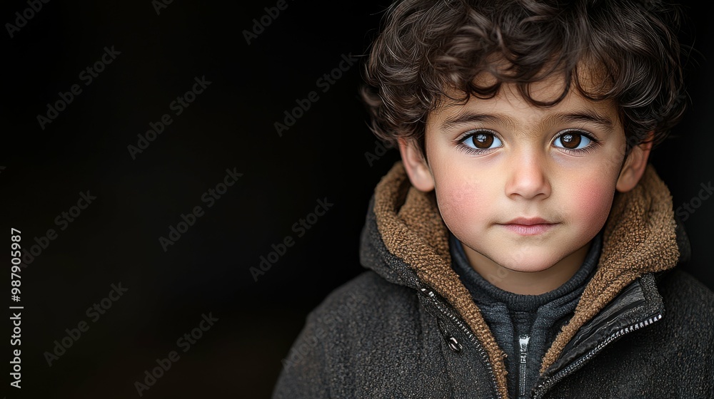 A young boy with brown hair and brown eyes is wearing a brown jacket and a brown hoodie A young boy with brown hair and brown eyes is wearing a brown jacket and a brown hoodie