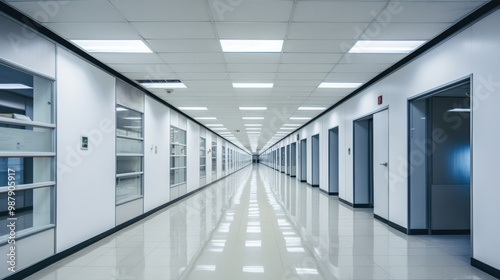 A pristine, empty hallway in an office setting, featuring polished floors, fluorescent lighting, and an array of doors, suggesting a quiet and professional atmosphere.