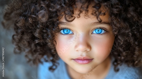 A young girl with curly hair and blue eyes. She is wearing a blue shirt. Concept of innocence and youthfulness