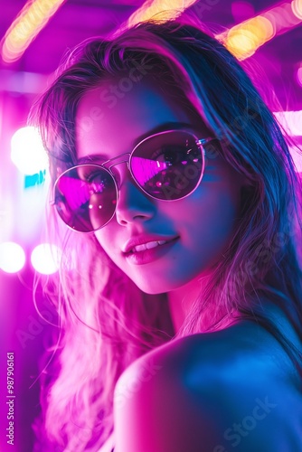 young woman in sunglasses at disco in neon light close-up portrait Generative AI