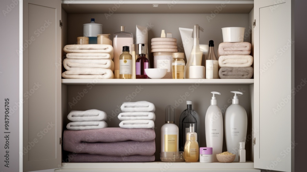 A meticulously organized bathroom cabinet filled with neatly arranged toiletries and folded towels in soft neutral shades. A meticulously organized bathroom cabinet filled with neatly arranged toiletries and folded towels in soft neutral shades.