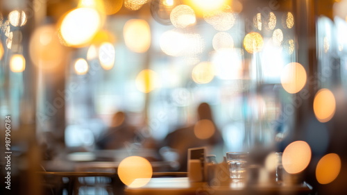 Softly blurred cozy cafe scene with glowing golden lights and out-of-focus elements creating a serene ambiance