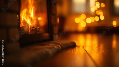 Out-of-focus cozy fireplace with glowing flames and warm bokeh lights creating a serene ambiance