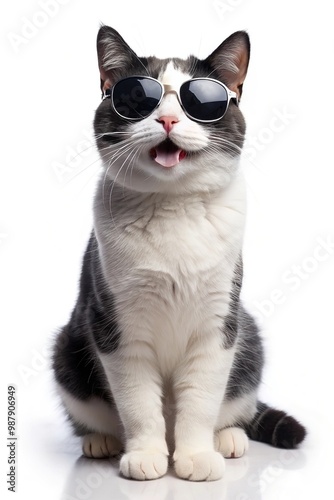 Adorable cat with sunglasses looking forward and sitting in front of white background