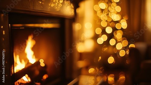 Softly blurred cozy fireplace with warm flames and golden bokeh lights creating a peaceful home ambiance