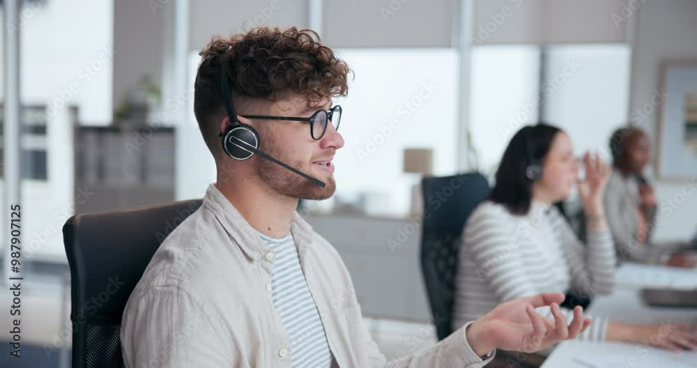 Call center, discussion and man with headset in office for customer service, online advice or telemarketing. Help, contact us and male consultant for communication, assistance or tech support