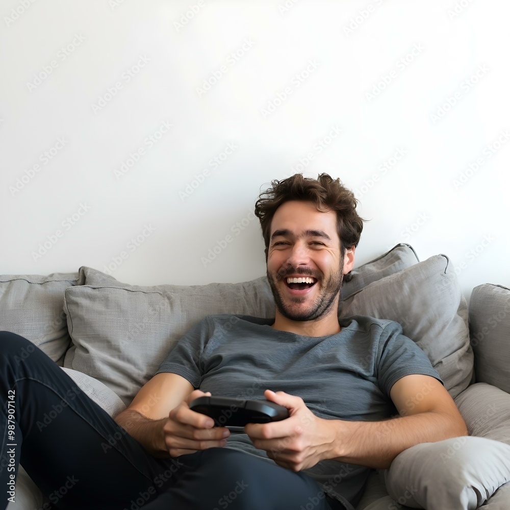 Relaxed Gamer Sitting on Sofa Smiling with Gaming Controller - Side Angle Shot of Happy Gamer with Calm Expression and Minimalist White Background Relaxed Gamer Sitting on Sofa Smiling with Gaming Controller - Side Angle Shot of Happy Gamer with Calm Expression and Minimalist White Background