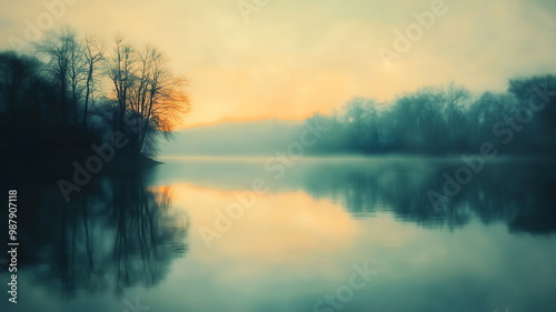 Tranquil lakeside scene at dawn with mist and soft lighting creating a peaceful and dreamlike reflection