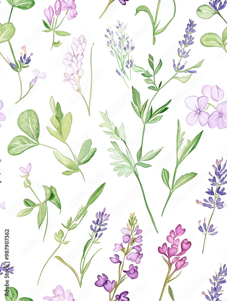 Seamless Delicate floral pattern featuring lavender and various herbs on a white background Seamless Delicate floral pattern featuring lavender and various herbs on a white background