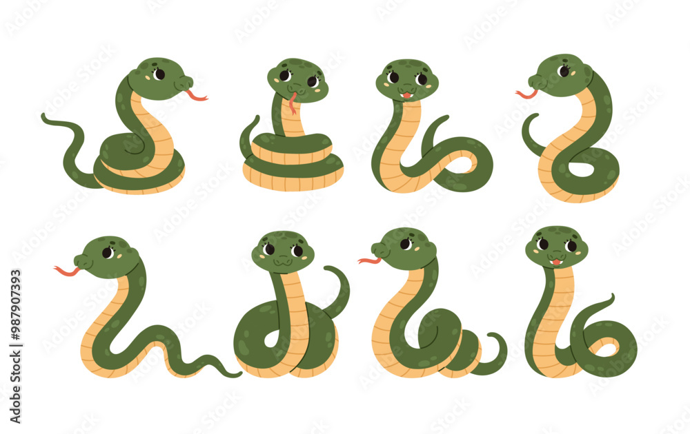 Fototapeta premium Set of cute green snakes in various poses. Reptile collection. Poisonous animal. Wildlife. Smiling kawaii character. Cartoon style. Flat vector illustration isolated on white background.