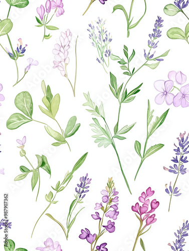 Seamless Delicate floral pattern featuring lavender and various herbs on a white background