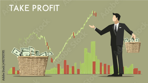 Flat vector illustration of a businessman taking profit with rising stock chart. Perfect for financial and investment themes.