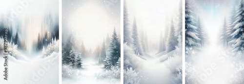 Christmas Cover Set with Snow-Covered Forest Trees. White Magical Atmosphere Design Template for Festival Invitations and Greetings