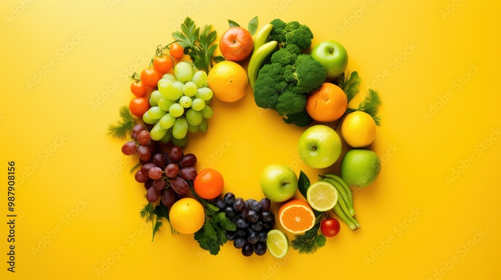 A semi-circle arrangement of vibrant fresh fruits and vegetables is displayed against a bright yellow background, showcasing nature's bounty. A semi-circle arrangement of vibrant fresh fruits and vegetables is displayed against a bright yellow background, showcasing nature's bounty.