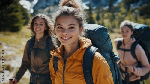 A diverse group of young women hiking together in a scenic national park