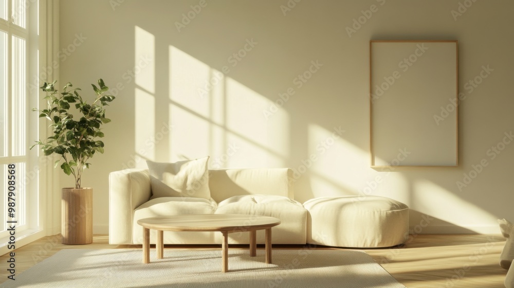 Fototapeta premium A minimalist living room with simple, sleek furniture, neutral tones, and a focus on clean lines