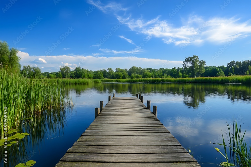 Fototapeta premium Wooden Dock Leading Out to Calm Blue Lake with Green Grass, Trees, and a Sunny Sky