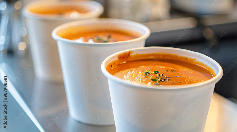 Disposable paper cups of tomato bisque. Food truck counter setting. Disposable paper cups of tomato bisque. Food truck counter setting.