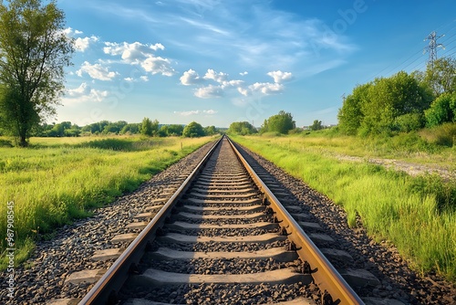 Straight Railroad Tracks Through Green Field on Sunny Day