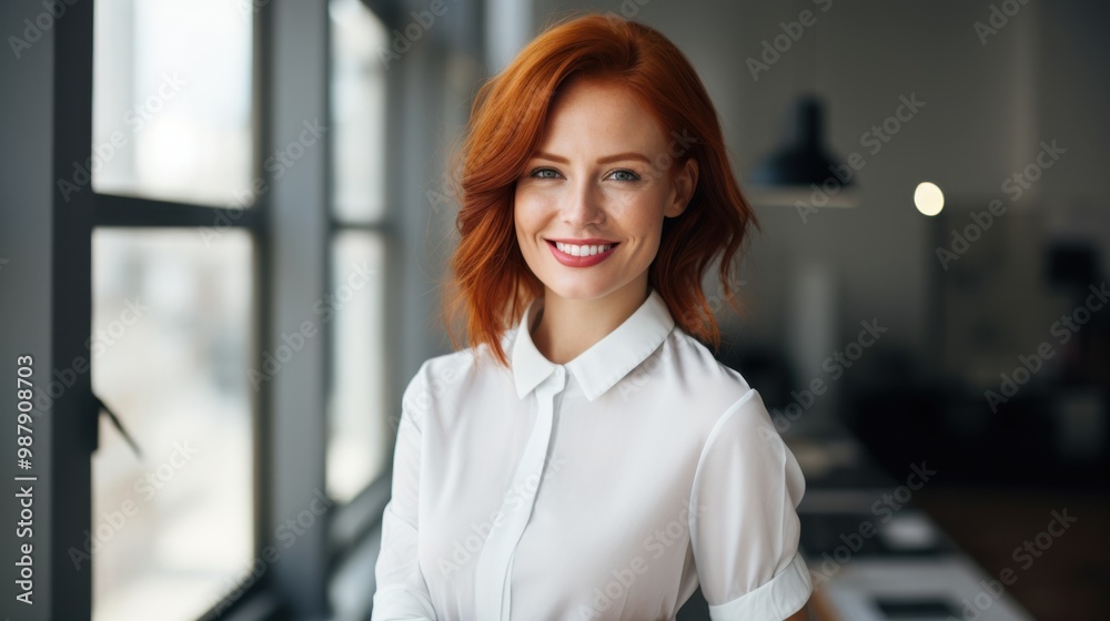 A cheerful woman with vibrant red hair smiles warmly, dressed in a crisp white shirt, positioned against a softly lit, modern indoor background. A cheerful woman with vibrant red hair smiles warmly, dressed in a crisp white shirt, positioned against a softly lit, modern indoor background.