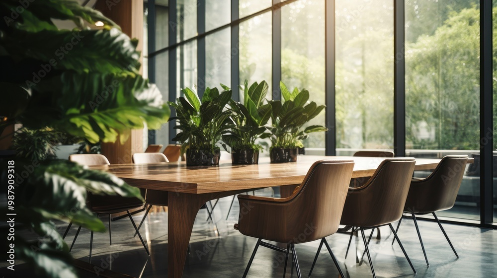 Fototapeta premium A stylish, well-lit boardroom with green plants lining the windows, featuring a wooden conference table and modern chairs, perfect for meetings and collaboration.