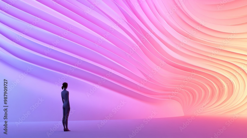 A person standing in front of a colorful wave pattern, AI A person standing in front of a colorful wave pattern, AI