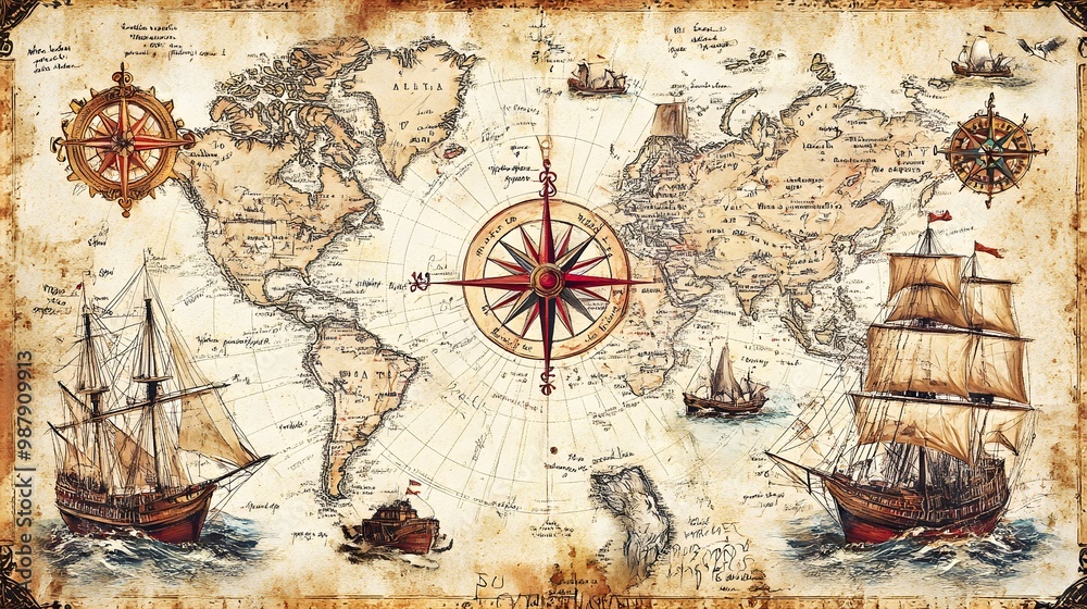 Fototapeta premium Old hand drawn map with vintage sailing yachts, Pirate adventures, treasure hunt and old transportation