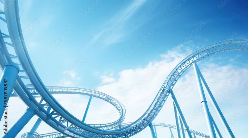 Naklejka premium A vibrant rollercoaster track loops gracefully against a clear blue sky, creating an exciting and dynamic scene.