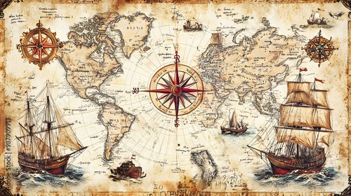 Old hand drawn map with vintage sailing yachts, Pirate adventures, treasure hunt and old transportation